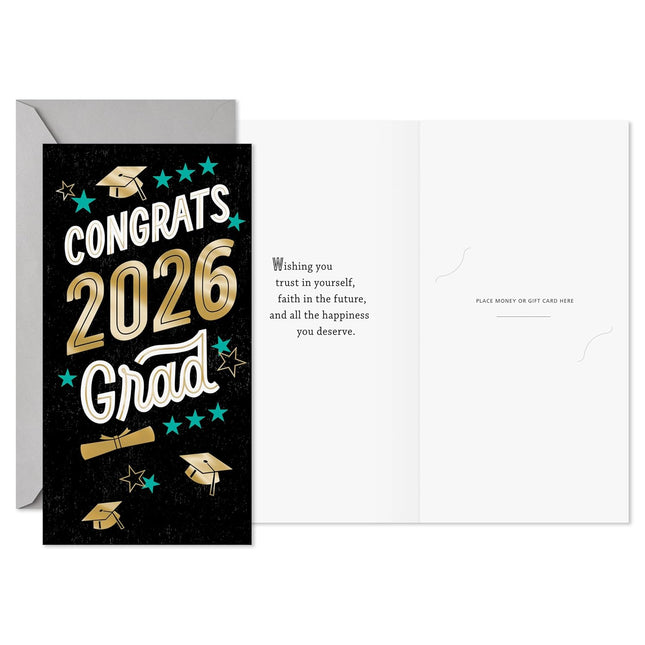 Year-Dated Graduation Money Holder Cards, Congrats 2026 Grad (10 Cards with Envelopes) Black, Blue, Gold Foil