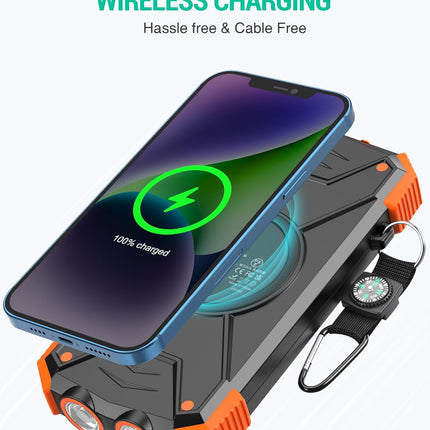 Solar Power Bank 10,000mAh Portable Wireless Charger with USB-C and Dual Flashlight