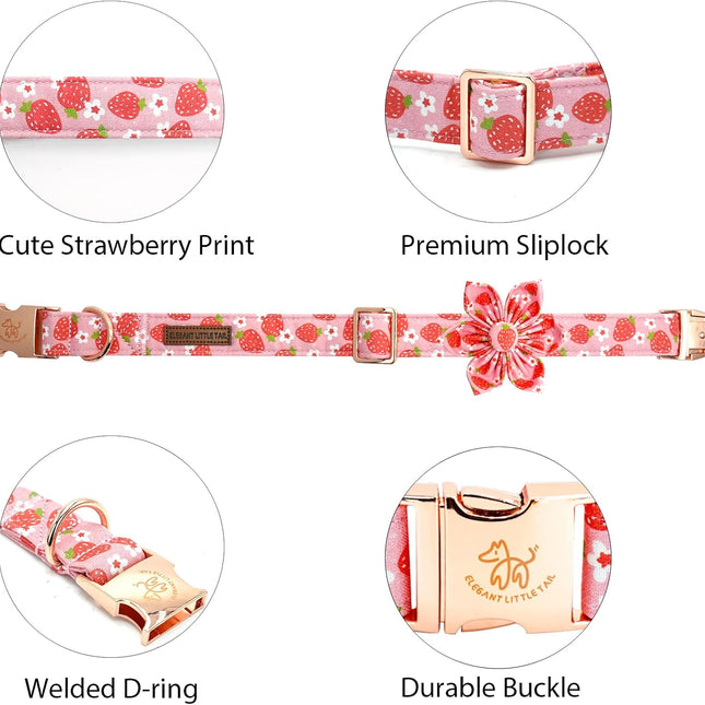 Elegant Little Tail Spring Flower Strawberry Print Adjustable Cotton Dog Collar for Small Dogs