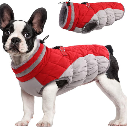 Waterproof Red Dog Winter Coat with Built-In Harness, Medium