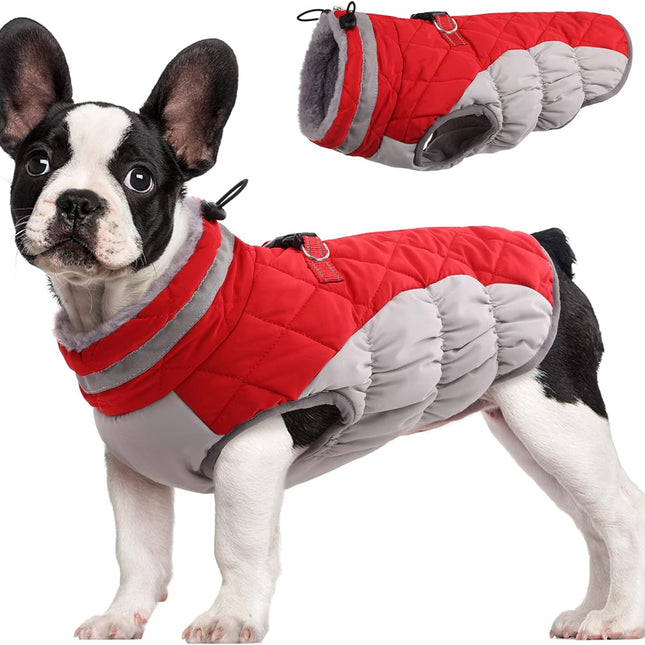 Waterproof Dog Winter Coat with Built-In Harness, Red, Small