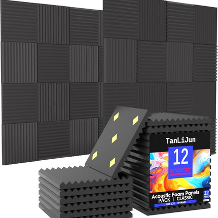 12 Pack Black Acoustic Foam Wall Panels, 1 in. x 12 in. x 12 in.