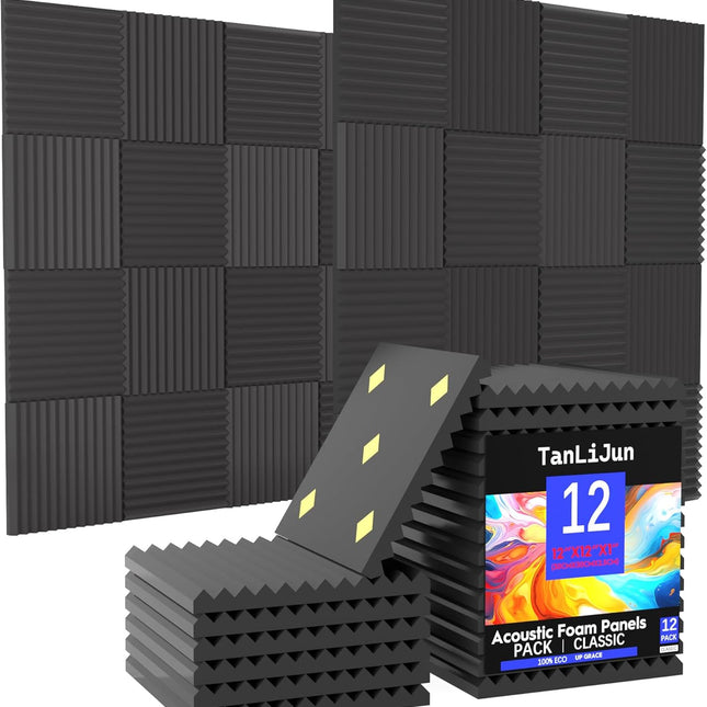 12 Pack Black Acoustic Foam Wall Panels, 1 in. x 12 in. x 12 in.