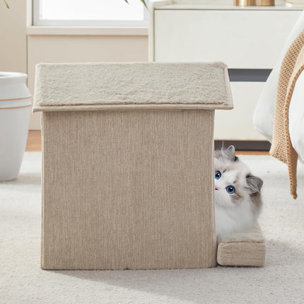 Beige Foldable Cat Cave Bed with Orthopedic Cushion