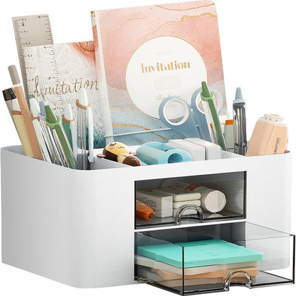 White Desk Pen Organizer with Compartments and Drawers