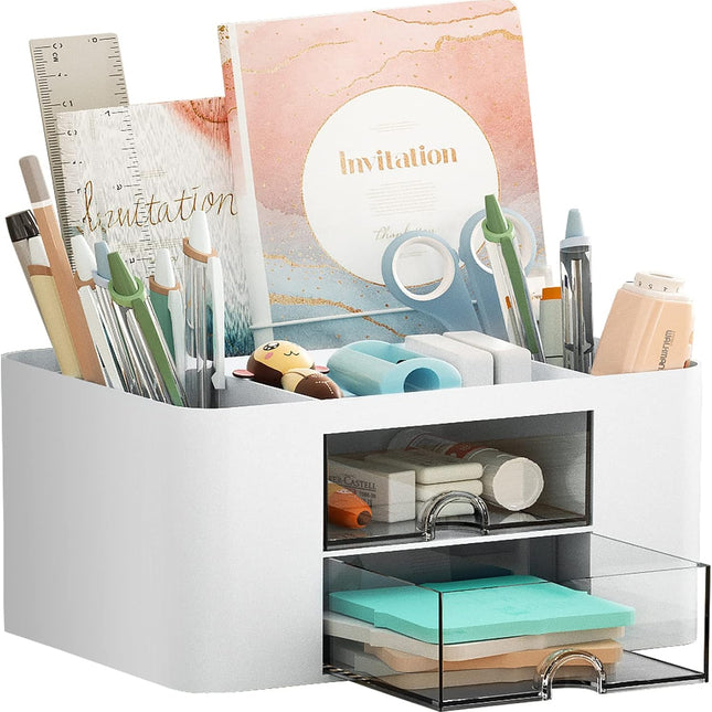 White Desk Pen Organizer with Compartments and Drawers