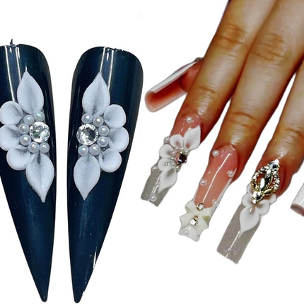 Black 3D Flower Nail Charms with Rhinestones, 8-Piece Set