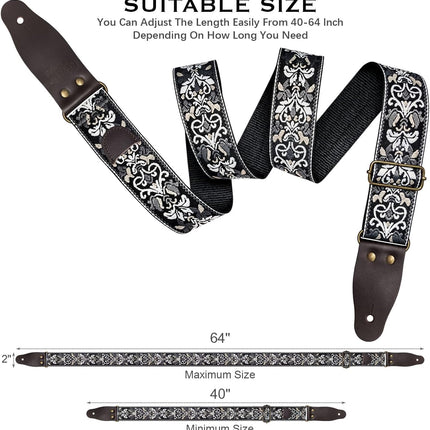 Vintage Embroidered Cotton Guitar Strap with Cowhide Leather Ends