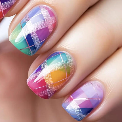 PawHaven RefugioPata Rainbow Checkered Press on Nails Short Square Gradient Fake Nails with — Pet Supplies
