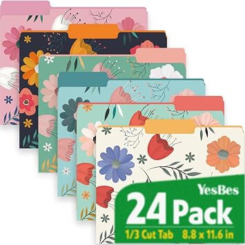 24 Pack Decorative Floral File Folders, 1/3 Cut Tab, Letter Size
