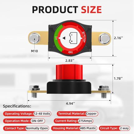 DriveForge ForjaRuta Joinfworld Side Post Battery Disconnect Switch 12V-48V 275A Waterproof — Auto & Moto