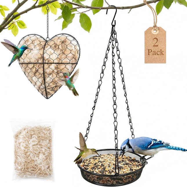 2 Pack Alpaca Fiber Bird Nesting Heart & Hanging Metal Mesh Feeder Tray Kit