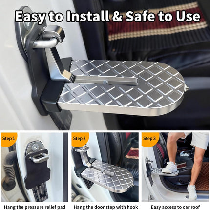 Car Door Step for Car Roof Access, Foldable Non-Slip Latch Pedal, Silver