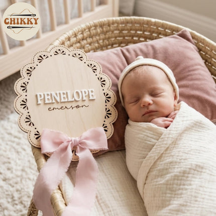 LittleNest NidoPequeño Wooden Baby Announcement Sign with Chiffon Bow - Custom Birth Stats Name Plate — Baby & Toddler