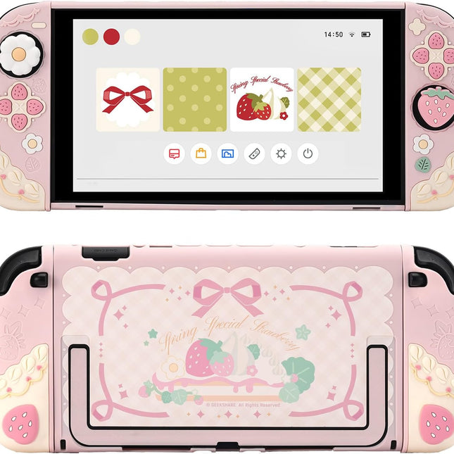 Strawberries with Cream Pink Silicone Protective Case with Thumb Grip Caps