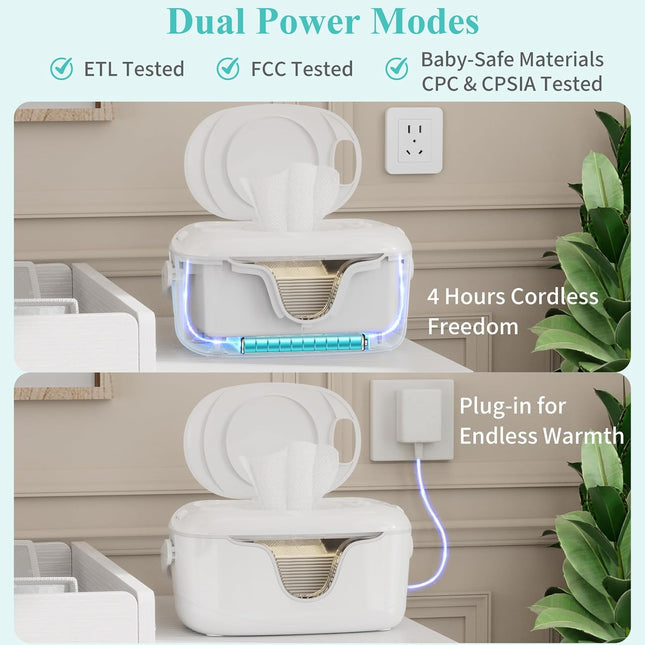 Portable Baby Wipe Warmer - Cordless Rechargeable Wet Wipes Dispenser for Travel