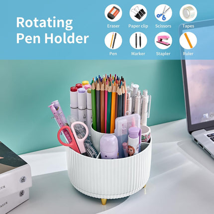 White 360-Degree Rotating Desk Organizer with 5 Compartments