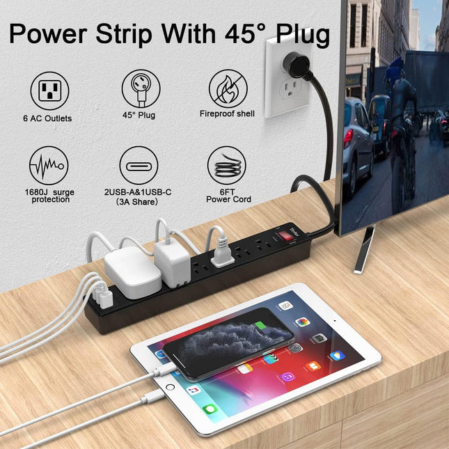 6Ft Power Strip Surge Protector with 6 AC Outlets and 3 USB Ports