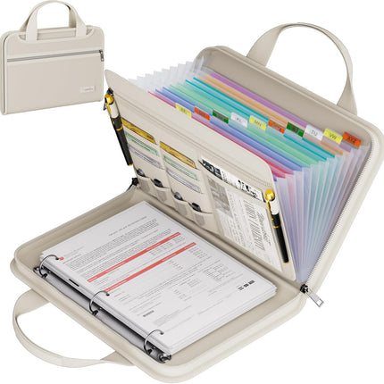 Fireproof Accordion File Organizer with Handle, 13 Pockets, Zipper, Labels and 1.5-Inch 3-Ring Binder, Beige