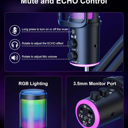 Gaming USB Condenser Microphone with Boom Arm