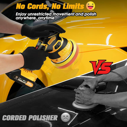 Cordless Car Buffer Polisher Kit, 21V with 2 Batteries, 18 Attachments, Yellow