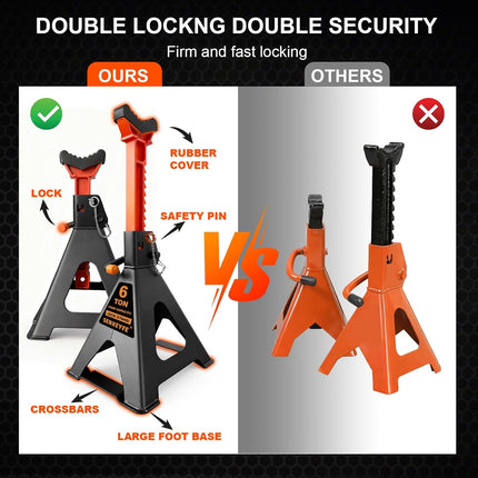 6 Ton Jack Stands with Crossbars, Double Pin Locking, Rubber Covers, Large Foot Base, 15-22 in Adjustable Height, 2 Pack