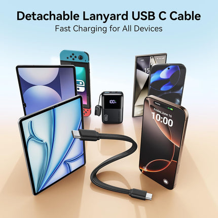 Ultra Mini 10000mAh 45W USB-C Portable Charger with Detachable Cable