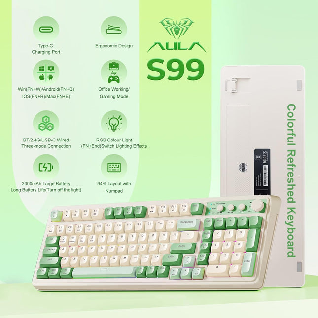 Green Tri-Mode Wireless Gaming Keyboard with Number Pad