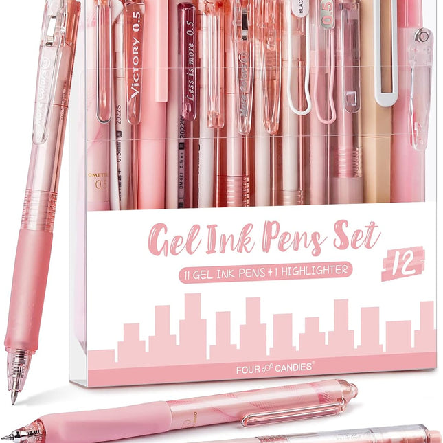 Rose Series Gel Pens Set of 12 with Black and Pink Ink