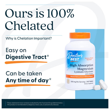 Doctor's Best Chelated Magnesium Glycinate 200mg 240 Count back label overview