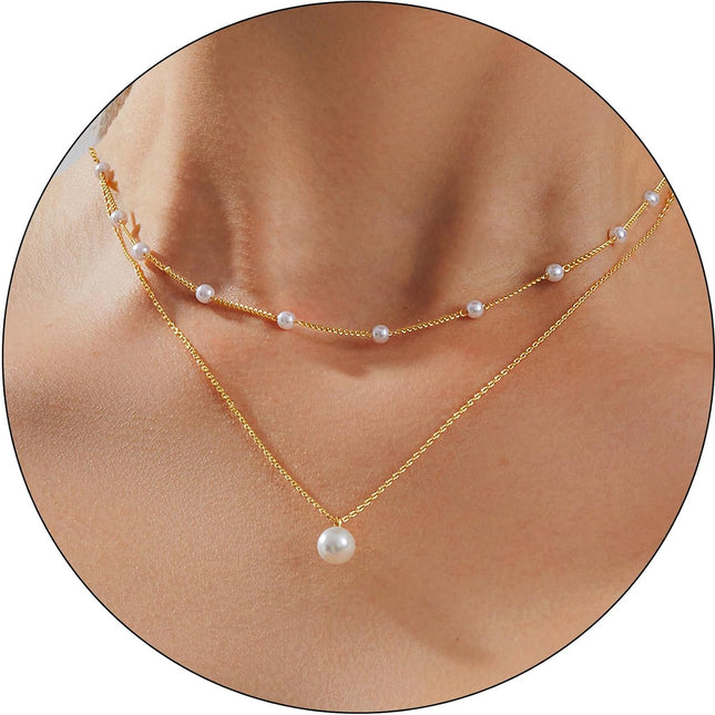 Layered 14K Gold Plated Pearl Necklace Set for Women