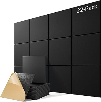 22 Pack Self-Adhesive Acoustic Panels, 12" x 12" x 0.4", Black