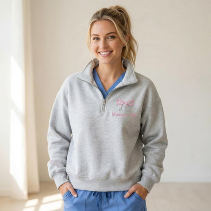 Custom Name Nurse Embroidered Quarter-Zip Sweatshirt with Title - Style 1