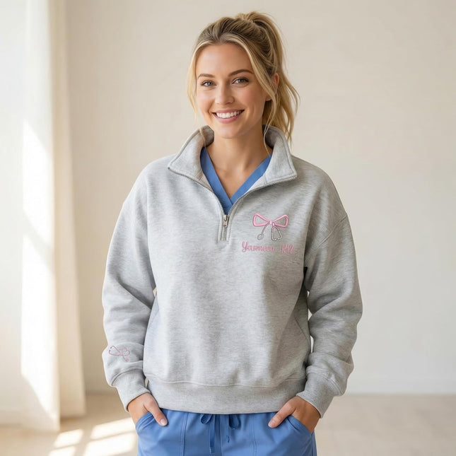 Custom Name Nurse Embroidered Quarter-Zip Sweatshirt with Title - Style 1