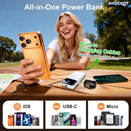 Portable Charger Power Bank with Built-in Cables and Wall Plug, 10000mAh Slim USB-C Battery Pack, 15W Fast Charging, Snow