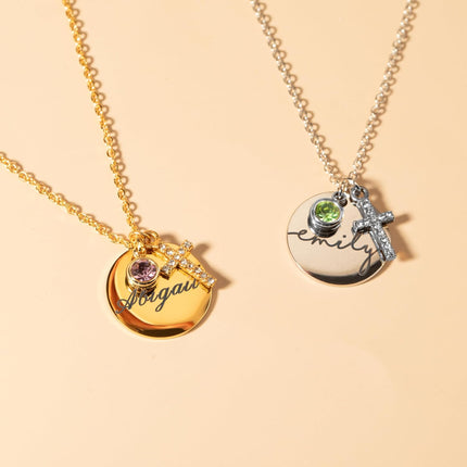 Personalized Name Birthstone Cross Necklace for Women