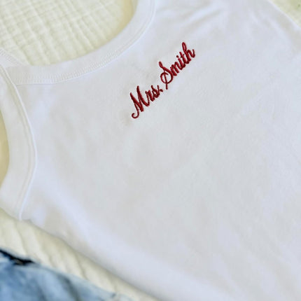 Embroidered Mrs. Spaghetti Strap Bridal Tank Top in White