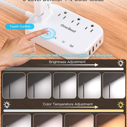 Small LED Desk Lamp Power Strip with 5 ft Cord, 3 Outlets and 4 USB Ports, White