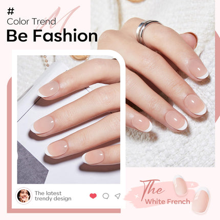 French Tip Short Oval Press-On Nails Set, Nude, 32 Pieces
