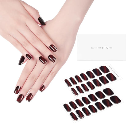 Semi-Cured Gel Nail Strips Dark Red Cat Eye Magnetic Wraps, 28 Stickers