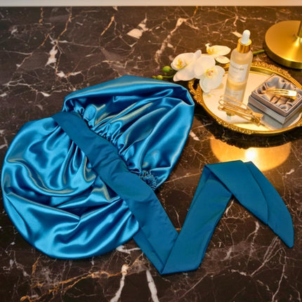 SourceToHome FuenteACasa Jumbo Charmeuse Satin Bonnet – Premium Peacock Blue Double Layer Silk — Home & Lifestyle