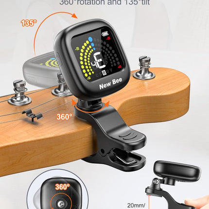 Rechargeable 360° Clip-On Chromatic Tuner for Guitar, Bass, Ukulele, Violin & Cello