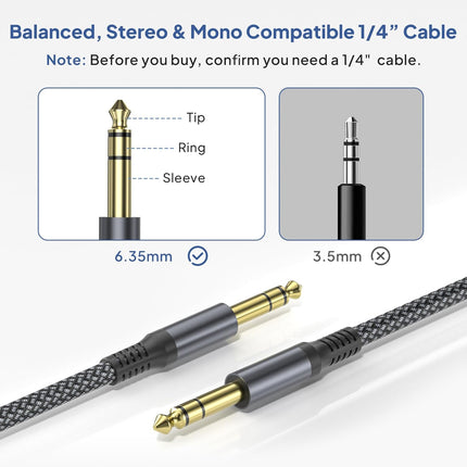 1/4 Inch TRS Instrument Guitar Cable 10 ft, 2 Pack