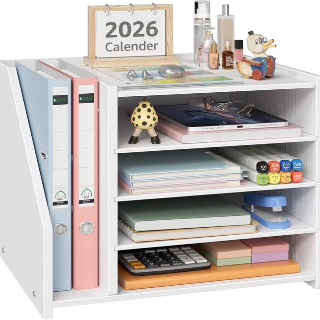 4-Tier White Wood Desk Paper Organizer