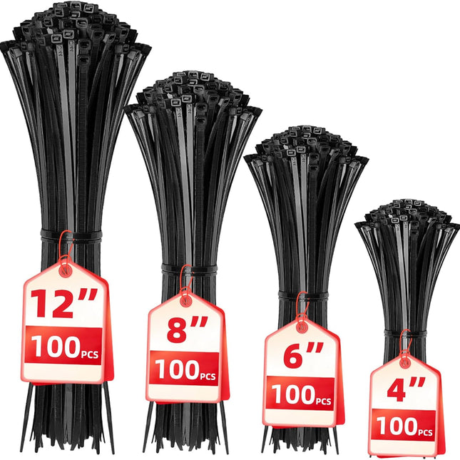 Cable Zip Ties, 400 Pack Black Assorted Sizes 12, 8, 6, and 4 Inch