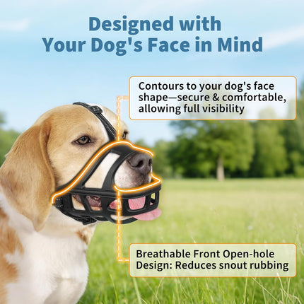 BARKLESS Dog Basket Muzzle for Medium & Large Dogs, Humane Cage Muzzle Prevent Biting Scavenging, Breathable Open Front Mouth Cover with Reflective Strap for Training, Walking Vet Visits (Black, L)