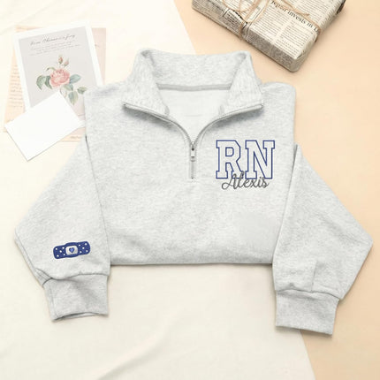 Custom Name Nurse Embroidered Quarter-Zip Sweatshirt with Title - Style 9