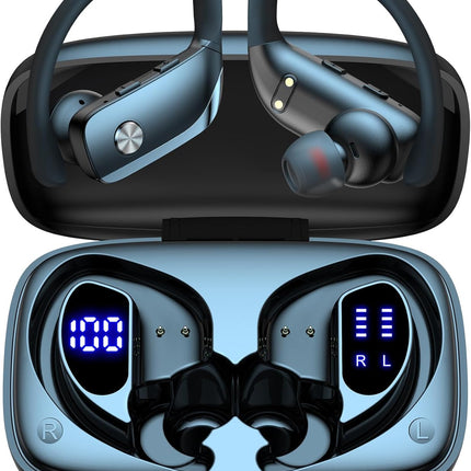 Wireless Bluetooth Earbuds with LED Display Case, Over-Ear Hook, Mic, Stereo Sound, Button Controls, Black