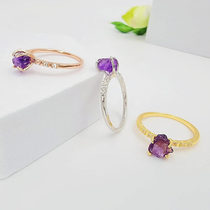 Raw Crystal Dainty Ring, White Gold Birthstone Gift