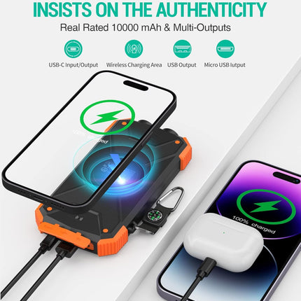 Solar Power Bank 10,000mAh Portable Wireless Charger with USB-C and Dual Flashlight